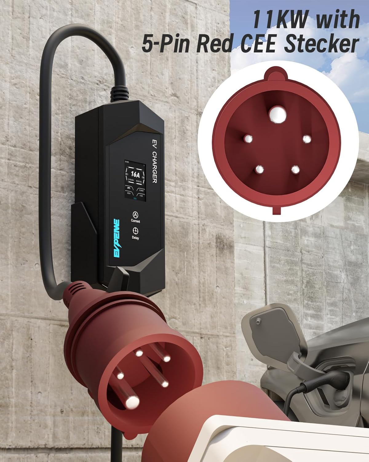 Elektrische autolader 11 kW [8 m | driefasig | 6-16 A | 380 V] type 2 CEE-stekker, EV-oplader, mobiel laadstation voor type 2 EVs, instelbare oplaadtijd [0-12 uur], IP65