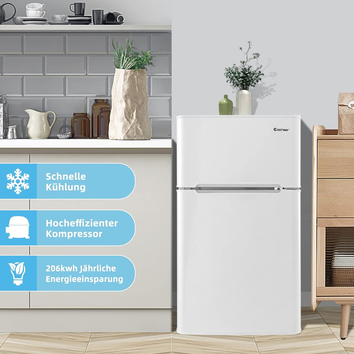 FANTASK 90 l refrigerator with 27 l freezer compartment, fridge-freezer, standalone refrigerator, freezer, mini fridge (white) [energy class E] - QUORE