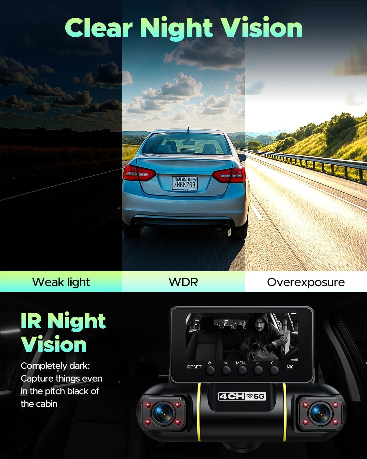 LAMTTO 360 Degree Dash Cam with 4 Channel and WiFi Dashcam Car Front Rear APP Control 4 Channels Built-in Camera Car Parking Monitoring Night Vision IR Cabling Kit for SD 128GB Included - QUORE