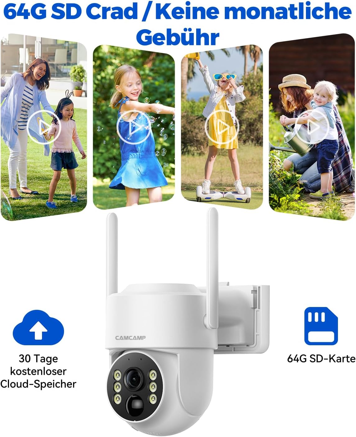 CAMCAMP 4MP draadloze bewakingscamera op zonne-energie, voor buiten, wifi, draagbaar, 7 inch scherm met accu, 4 x 2K camera, 360 graden PTZ, nachtzicht, 2-weg gesprek, bewegingsdetectie, 64 GB kaart,