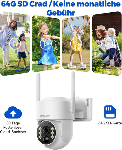 CAMCAMP 4MP draadloze bewakingscamera op zonne-energie, voor buiten, wifi, draagbaar, 7 inch scherm met accu, 4 x 2K camera, 360 graden PTZ, nachtzicht, 2-weg gesprek, bewegingsdetectie, 64 GB kaart,