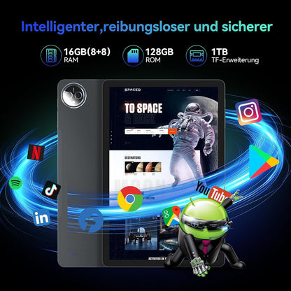 Tablet Android 15 11 Inch, 16GB RAM+128GB ROM (1TB uitbreidbaar), Octa-Core, Accu 8000mAh, 4G LTE+5G WiFi, Dual SIM, 13MP+8MP, GPS, Tablet met Toetsenbord,Muis,Stylus, Grijs