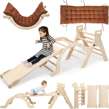 Peuter klimframe voor peuters leeftijd 1 2 3 4 5, indoor kinderen houten klimframe met glijbaan driehoek klimboog en kussen Montessori speelgoed peuter kind gym - medium (natuurlijk en ongeverfd)