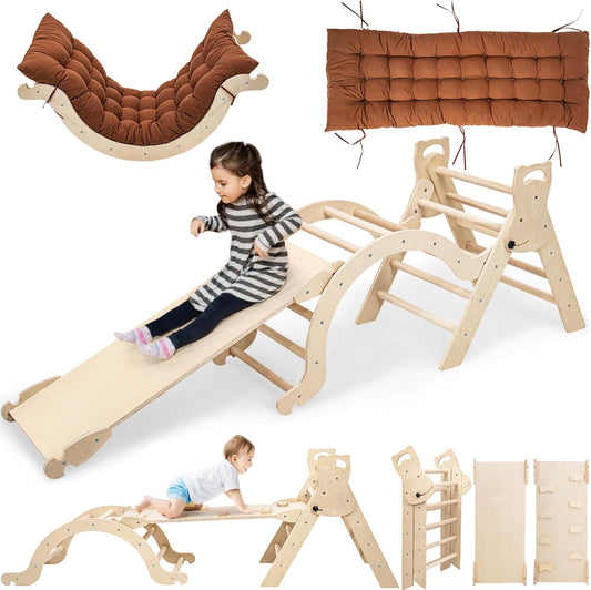 Peuter klimframe voor peuters leeftijd 1 2 3 4 5, indoor kinderen houten klimframe met glijbaan driehoek klimboog en kussen Montessori speelgoed peuter kind gym - medium (natuurlijk en ongeverfd)