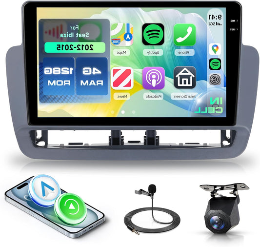 Rimoody 4G + 128G Android autoradio voor Seat Ibiza 2012-2015, 9 inch in-cell carplay draadloze radio met Android Auto Mirror Link GPS Navi Bluetooth WiFi FM/RDS/EQ stuurbediening achteruitrijcamera - QUORE