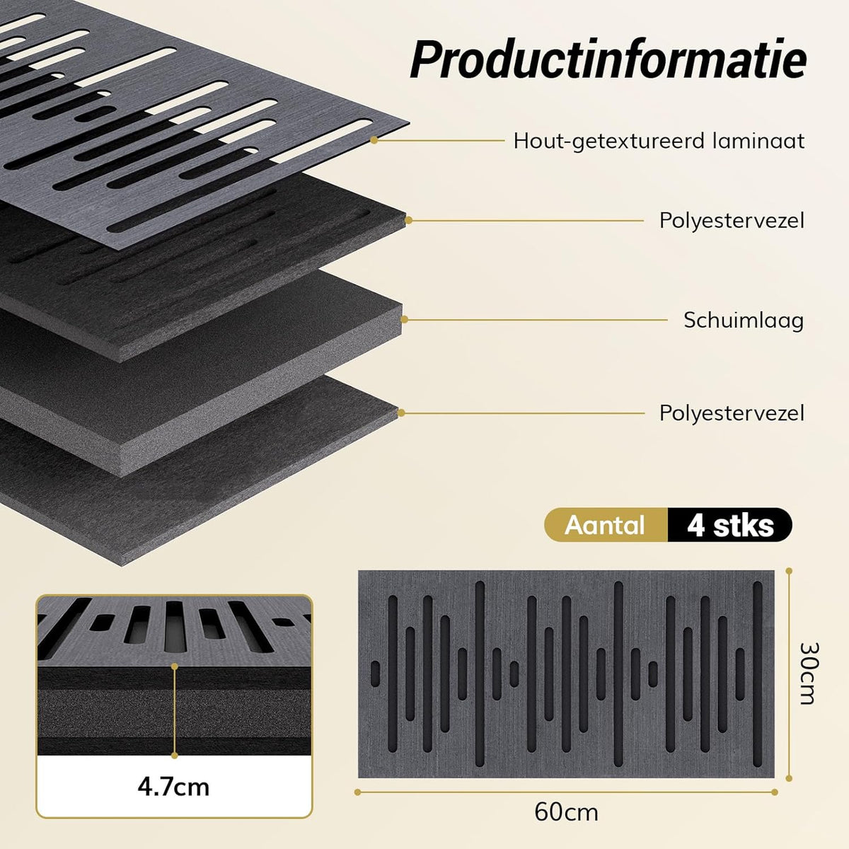 TONOR Houtfineer Akoestische Panelen Zelfklevend, 4 Stuks 60x30x4,7cm Akoestische Panelen Wandpanelen Houtlook, Akoestische Panelen voor Akoestische Behandeling en Wanddecoratie, Kantoor, Zwart