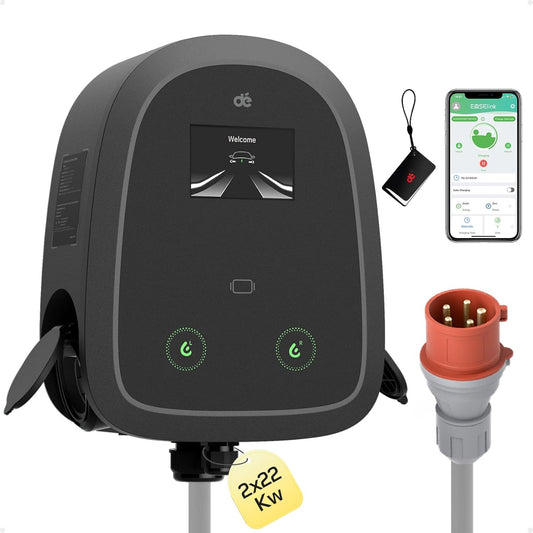 dé Dual-Cable Wallbox 2×22kW [6-32A, 3-Fase] EV Oplader met Twee Type 2 Stopcontact 22kW met APP, RFID en OCPP-protocollen, Wallbox 22kW Gelijktijdig Opladen van Twee Auto’s, voor BEV/PHEV.