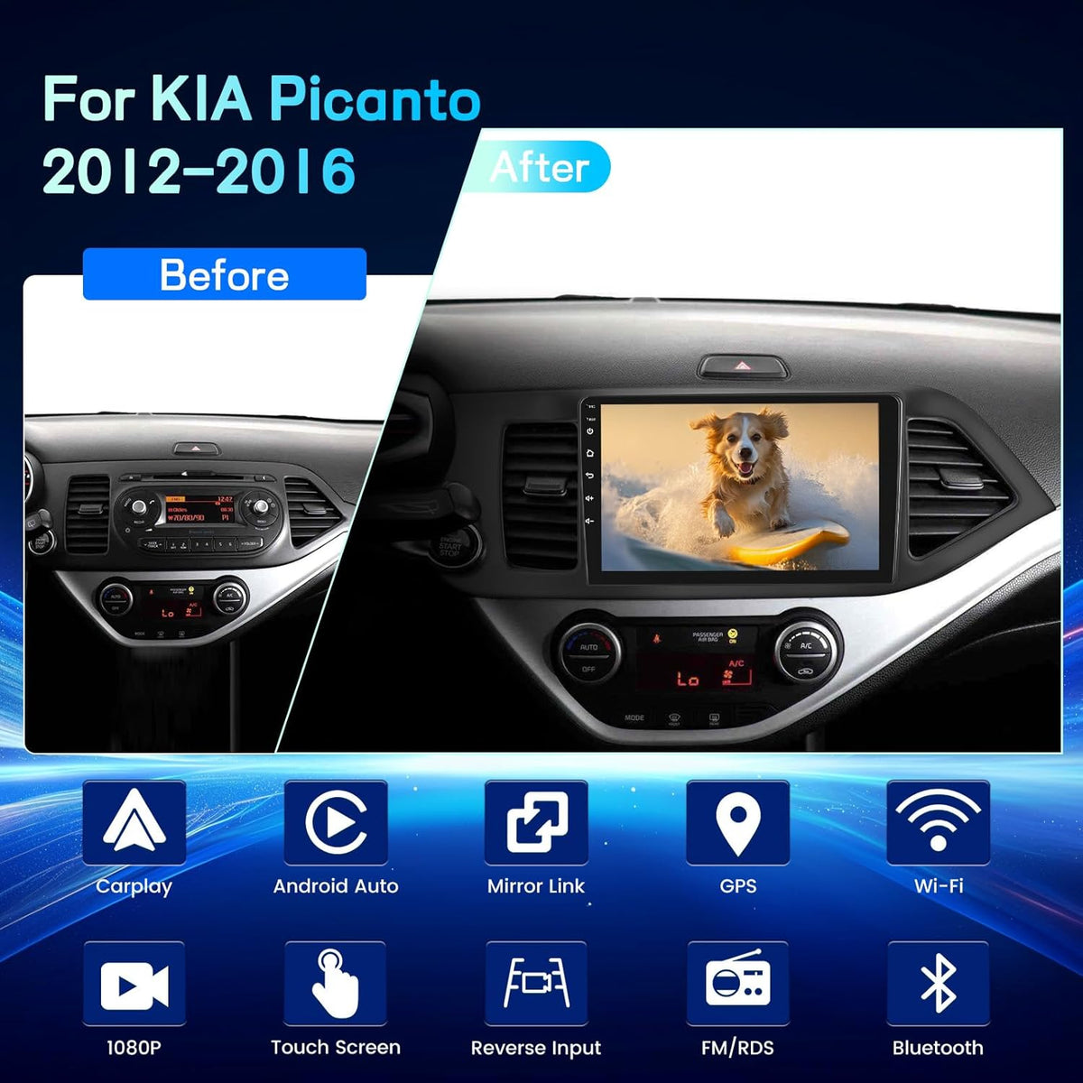 Android Autoradio voor KIA Picanto 2012-2016, 2GB+64GB Touch Scherm Radio met EQ DSP, Draadloos CarPlay&Android Auto, 9 Inch, WiFi, Bluetooth, FM RDS, GPS, Stuurwielbediening +Achteruitrijcamera, MIC