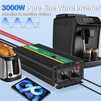 JIGUUN 3000W/6000W omvormer 12v naar 230v zuivere sinus Converter power inverter met afstandsbediening LCD-scherm 2 Eu-stopcontact & 1 USB-poort voor auto, camping, reizen,noodgeval