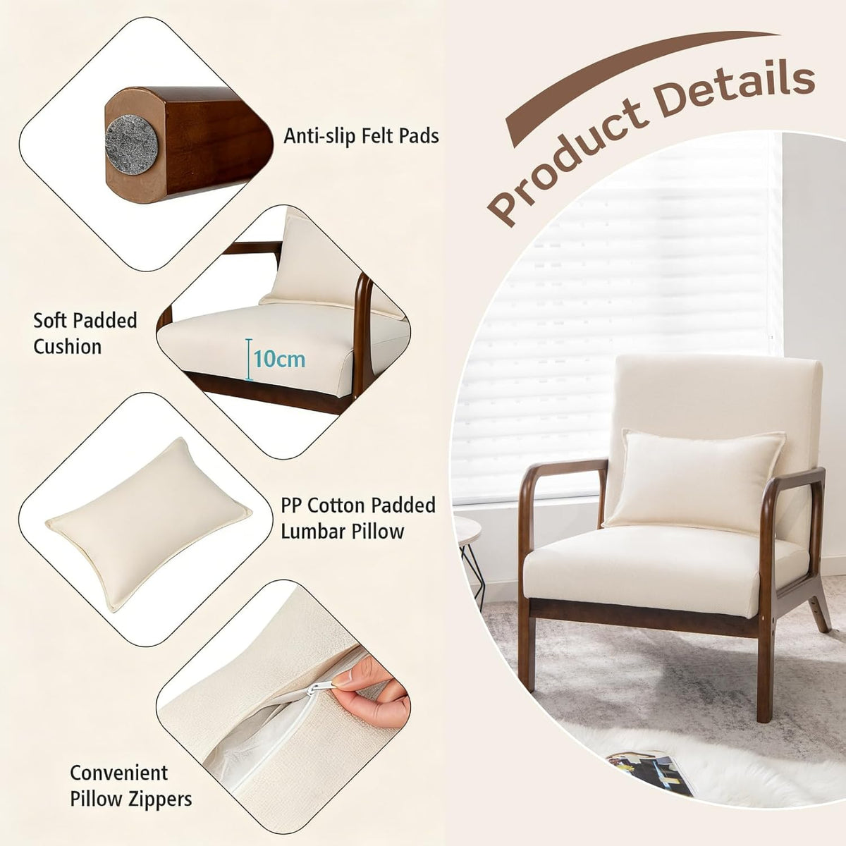 FANTASK Fauteuil, moderne eenpersoonsbank van hout met armleuningen, loungestoel bekleed voor woonkamer, slaapkamer, 65 x 79 x 77 cm, beige