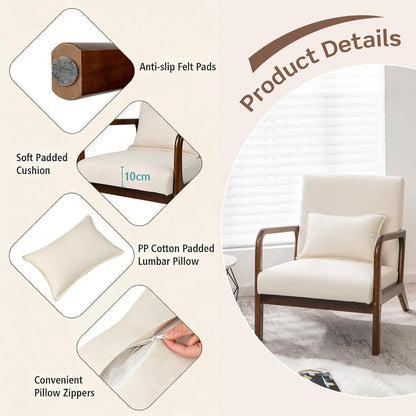 FANTASK Fauteuil, moderne eenpersoonsbank van hout met armleuningen, loungestoel bekleed voor woonkamer, slaapkamer, 65 x 79 x 77 cm, beige
