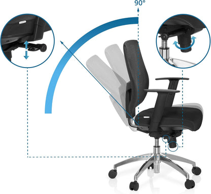 hjh OFFICE 657284 bureaustoel draaistoel NET 90 stof zwart/zwart, eersteklas afwerking, in hoogte verstelbare rugleuning, in hoogte verstelbare armleuningen, ergonomische bureaustoel
