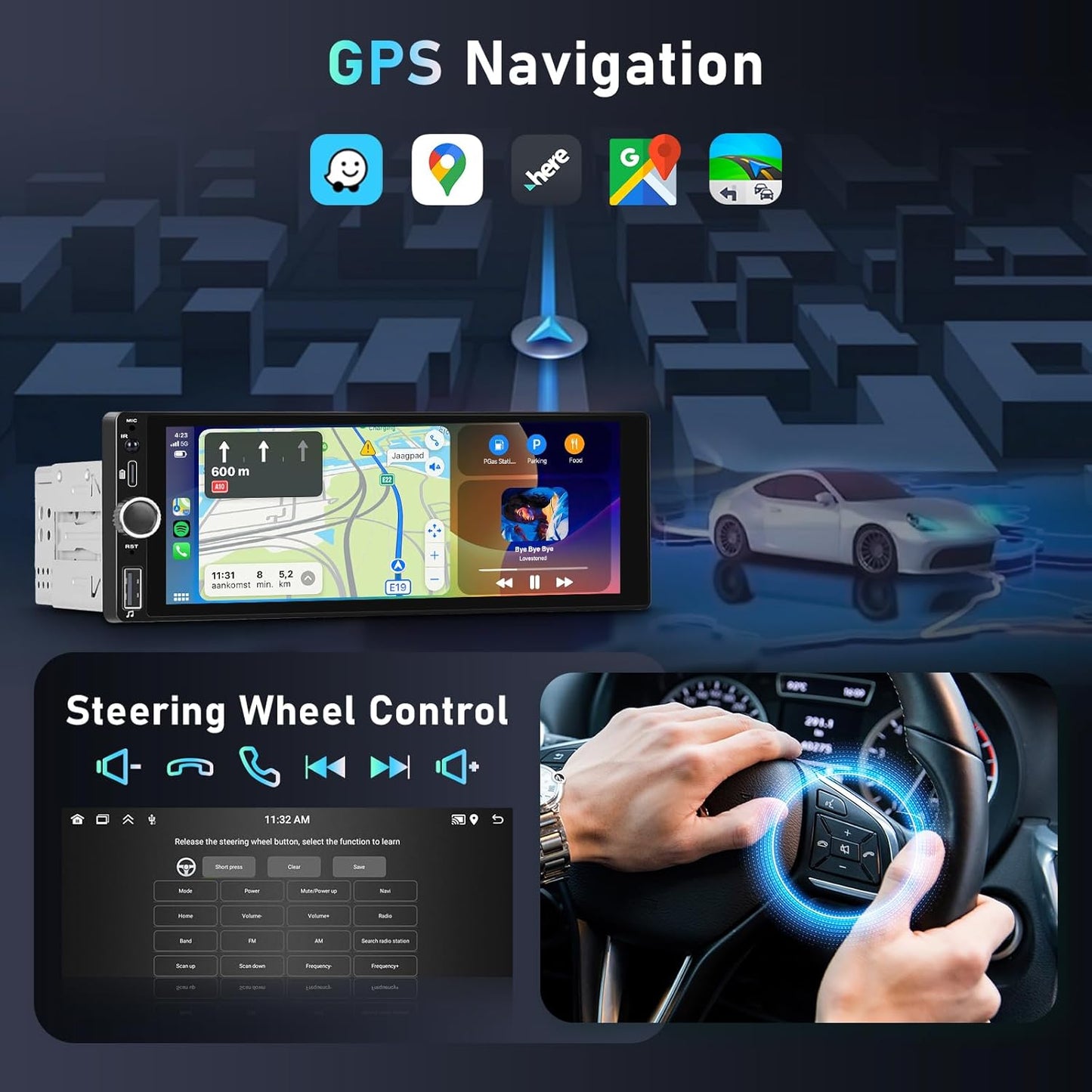 CarPlay autoradio 1 DIN 2G+64G, Podofo 6,86 inch touchscreen autoradio met DAB+, Bluetooth/FM/RDS/Navi/Stuurwielbediening/WiFi, Android autoradio