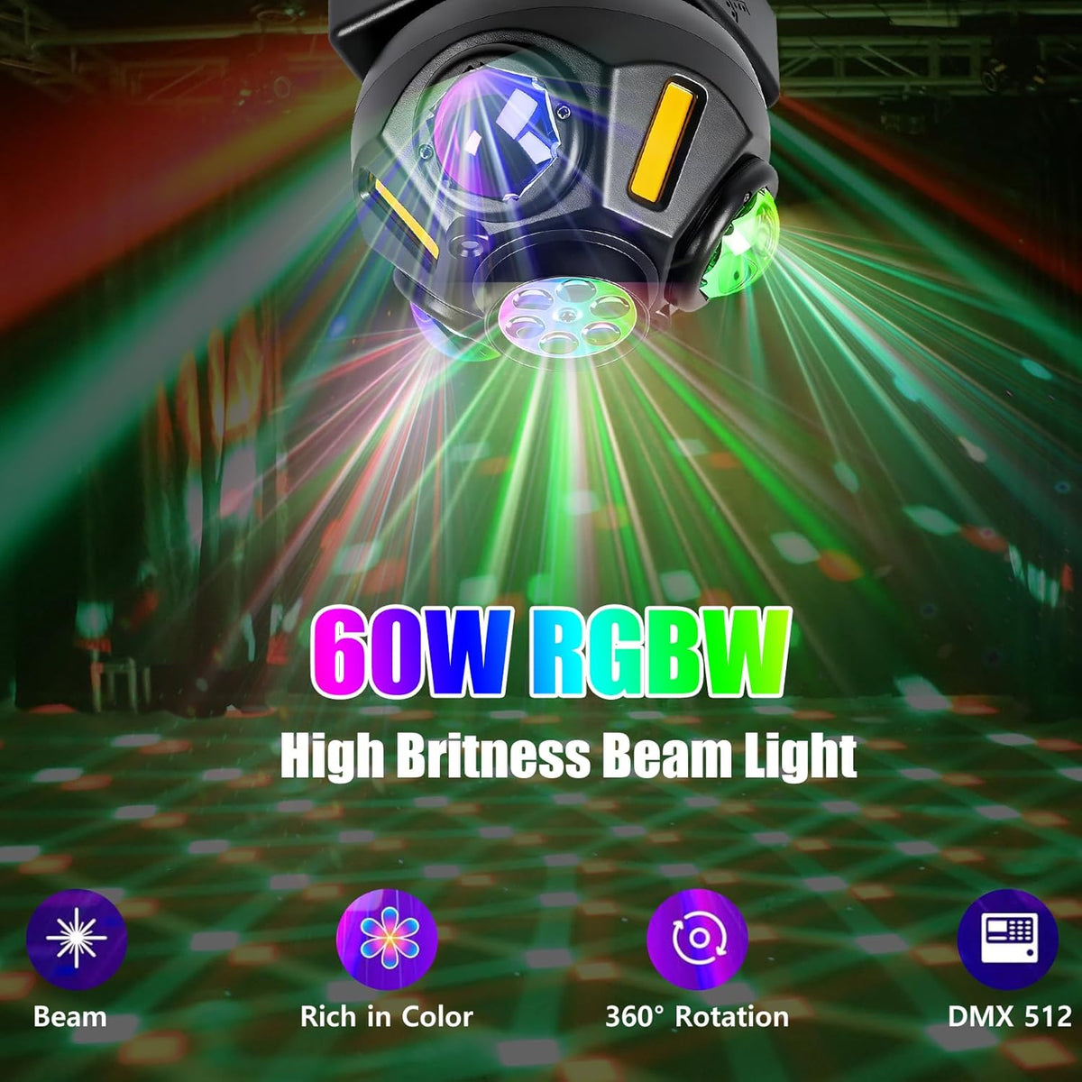 Podiumlicht met bewegende kop, 60 W, bewegende kop, led RGBW 4-in-1 DMX512, 19CH partylicht, geluidsgeactiveerd lichteffect, discolicht met afstandsbediening, voor DJ, bar, verjaardag, club, bruiloft