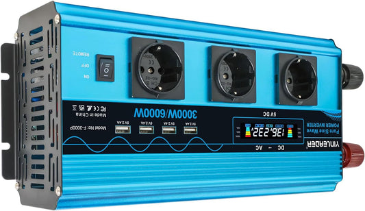 Yinleader Inverter 3000 W pure sine wave inverter 12 V 230 V with 3 European sockets and 4 USB ports LCD voltage display - QUORE