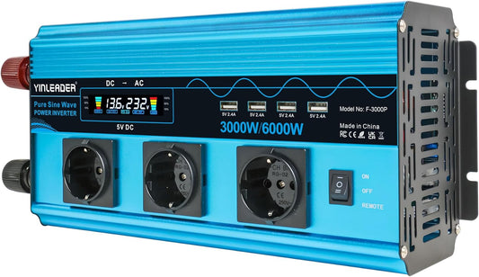Yinleader Inverter 3000 W spanningsomvormer pure sinus 12 V 230 V met 3 Europese stopcontacten en 4 USB-poorten LCD spanningsweergave