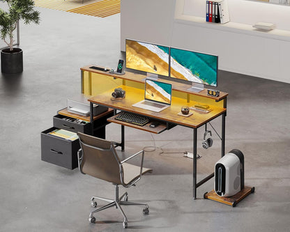 Colsehome Bureau met Laden, 140x48cm Omkeerbaar Computer Bureau met Stopcontact & USB, Gaming Tafel LED Licht, Toetsenbordlade & Monitorstandaard voor Kantoor, Slaapkamer, Bruin