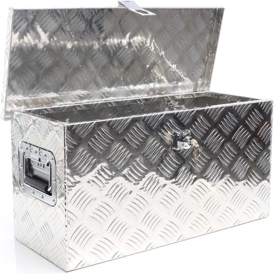 XPOtool Transport box aluminium 60x25x30 cm, storage box for tools and objects incl. 2 keys, robust storage box for trucks and transport, drawbar for trailers