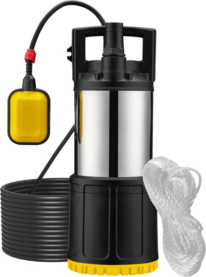 Wiltec dompelpomp met vlotterschakelaar 1200 W, hoge capaciteit dieptepomp tot 7 m diepte, waterpomp met 40 m opvoerhoogte, pomp voor schoon water, wegpompen van water, drainagepomp