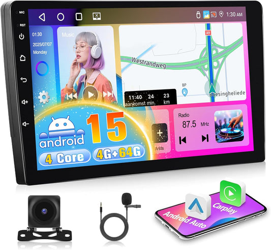 [4G+64G] 2 Din Autoradio Draadloze Apple CarPlay & Android Auto Radio, Motorsi 9'' HD Touchscreen Android Radio met GPS Navigatie/Bluetooth/Mirror Link/SWC/EQ/FM/RDS/Achteruitrijcamera