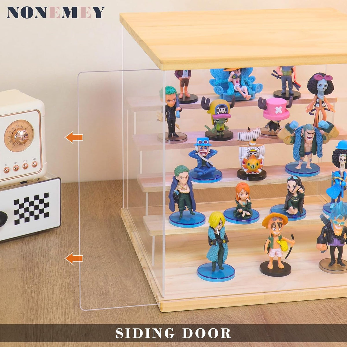 Nonemey Transparante Acryl Vitrinestandaard met Kleurrijk Led Licht,3/4/5/6 Lagen Vitrinekast Stofdichte Organisator Acryl Doos voor Verzamelobjecten Figurines (Hout, 6Tier-49*30*40 cm)
