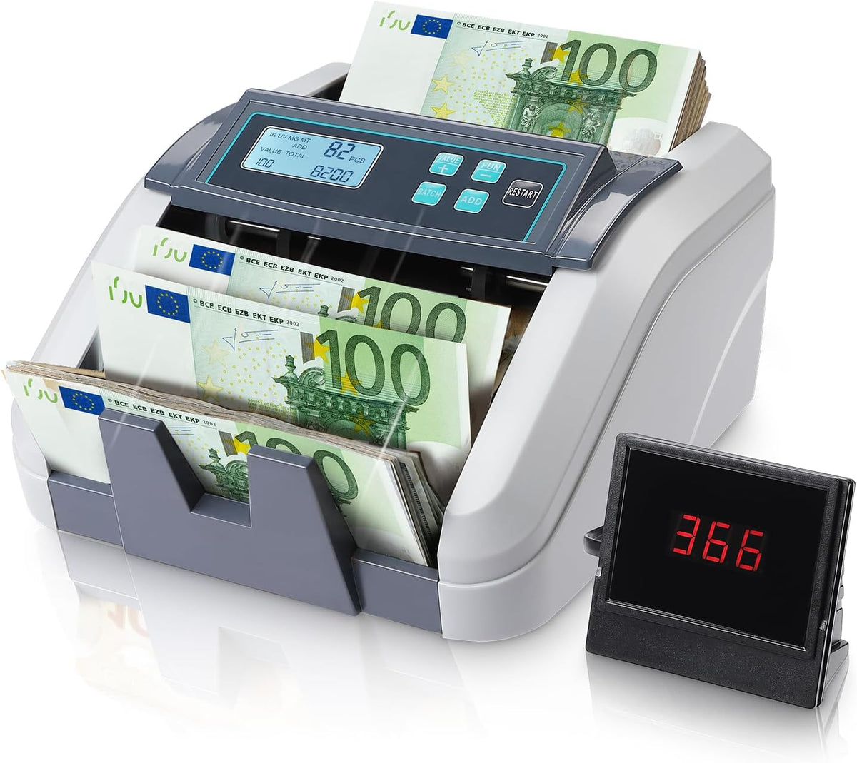 MUNBYN IMC51 geldtelmachine, add+batch/value-modus bankbiljettenteller, UV/MG/IR/MT-detectie, alleen EUR-geldteller, 1100 vellen/min, LCD-display, 2 jaar garantie, grijs, kan gemengde noten niet