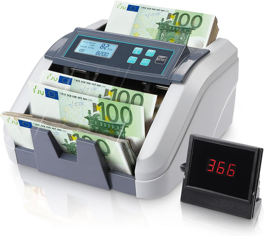 MUNBYN IMC51 geldtelmachine, add+batch/value-modus bankbiljettenteller, UV/MG/IR/MT-detectie, alleen EUR-geldteller, 1100 vellen/min, LCD-display, 2 jaar garantie, grijs, kan gemengde noten niet