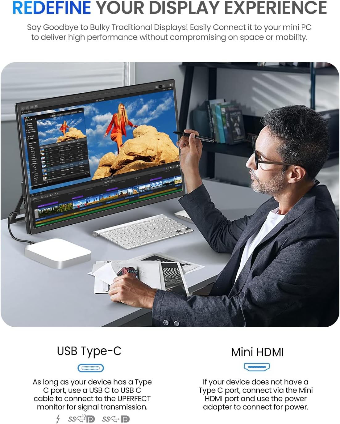 UPERFECT Draagbaar touchscreen, 21,5 inch, 120 Hz, draagbaar, touchscreen, 1300:1 1080P, geïntegreerde houder, HDMI, USB C, voor pc, computer, spelconsole, metalen behuizing, VESA-compatibel