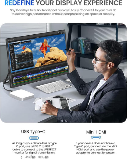 UPERFECT 21,5" 120Hz Draagbare Monitor, 1080P Full HD, Ingebouwde Stand, VESA Monteerbaar, Slank Aluminium Frame, voor Laptops, Mini PC's, Telefoons en Gaming Consoles