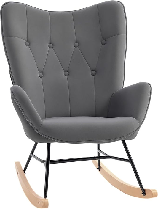 HOMCOM rocking chair with steel frame upholstered recliner chair living room recliner lounge with upholstered seat velvety polyester rubberwood dark grey + natural 84 x 70 x 96 cm - QUORE