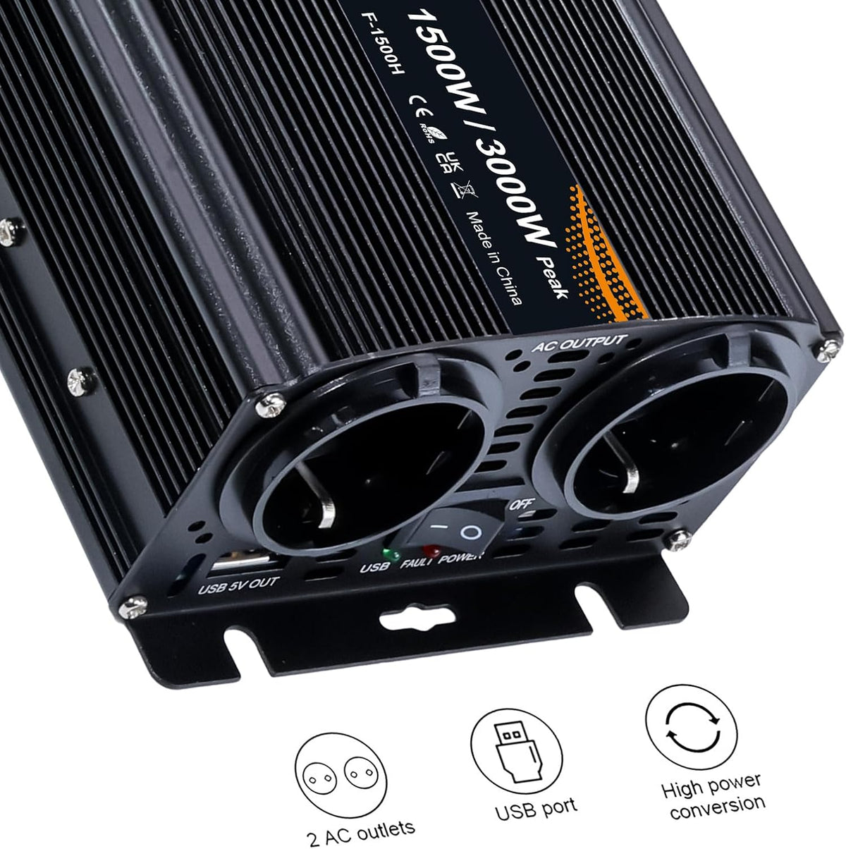 Spanningsomvormer – Omvormer – Stroomomvormer – 12 V Naar 230 V Omvormer – 230 V Omvormer – 1500 W / 3000 W – LCD-Display Met 2 Stopcontacten En 1 USB
