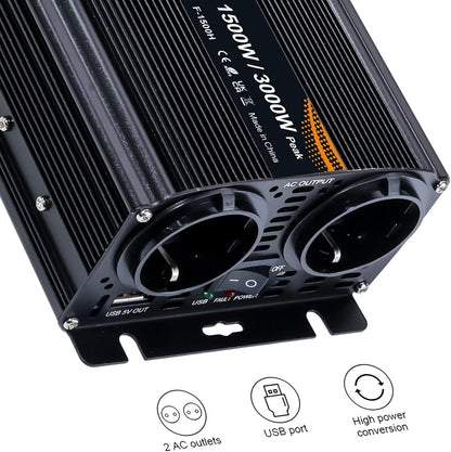 Spanningsomvormer – Omvormer – Stroomomvormer – 12 V Naar 230 V Omvormer – 230 V Omvormer – 1500 W / 3000 W – LCD-Display Met 2 Stopcontacten En 1 USB