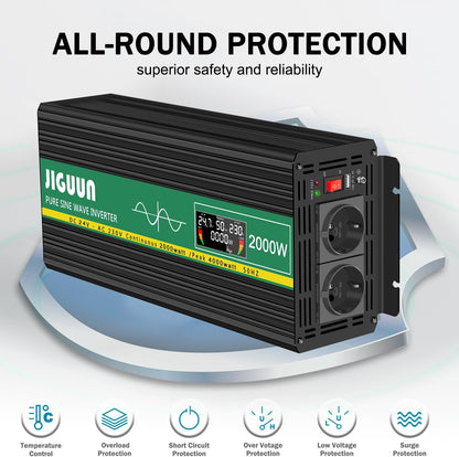JIGUUN 2000W/4000W omvormer 24v naar 230v zuivere sinus Converter power inverter met draadloze afstandsbediening LCD-scherm 2 EU & 1 USB-poort voor auto, camping, reizen,noodgeval