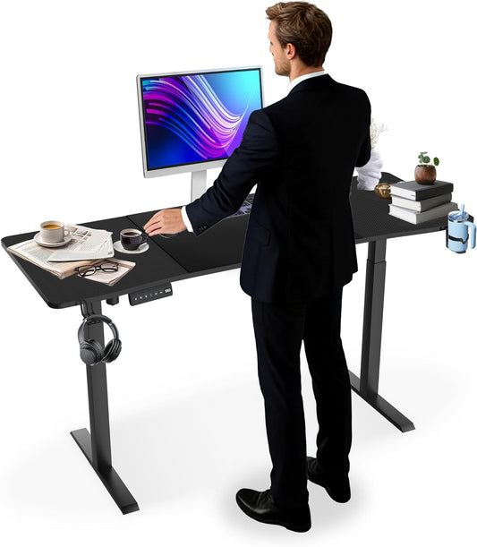 Height Adjustable Desk, 140 x 60 cm, Electric Computer Table, Desk Table with Type C Charging Port, Headphone Hook and Cup Holder, Electric Standing Table with Memory Function - QUORE