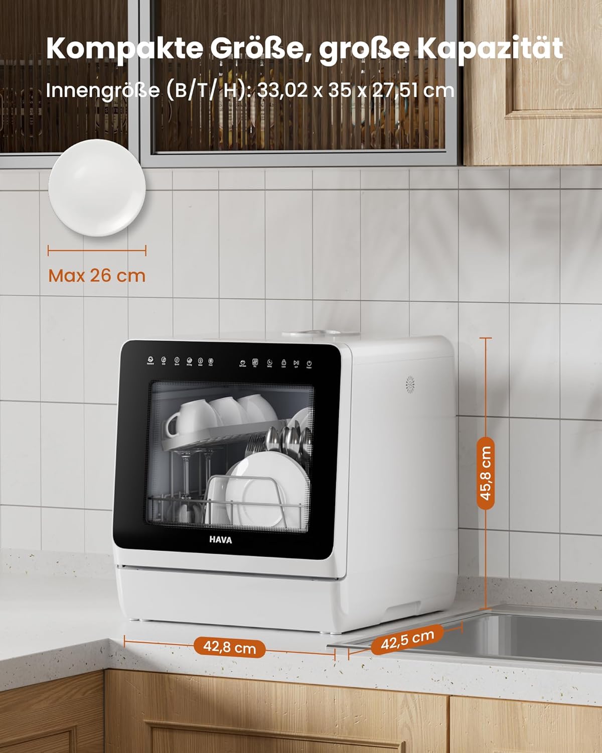 HAVA 2025 NIEUWE Vaatwasser met waterontharder en verhoogde energie-efficiëntie, vaatwasser met 8 programma's, kinderbeveiliging & vertraagde start, geen installatie vereist'