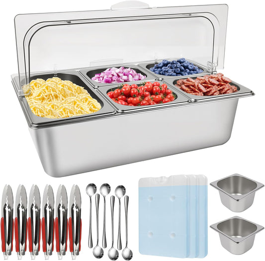 Kalolary Pizzabelag-station, 7 pannen, roestvrij staal, kruidenorganizer, saladebar, buffetstation met lepels, koelboxen, buffetcontainerset voor sauzen, jam, ingrediënten, keuken, restaurant