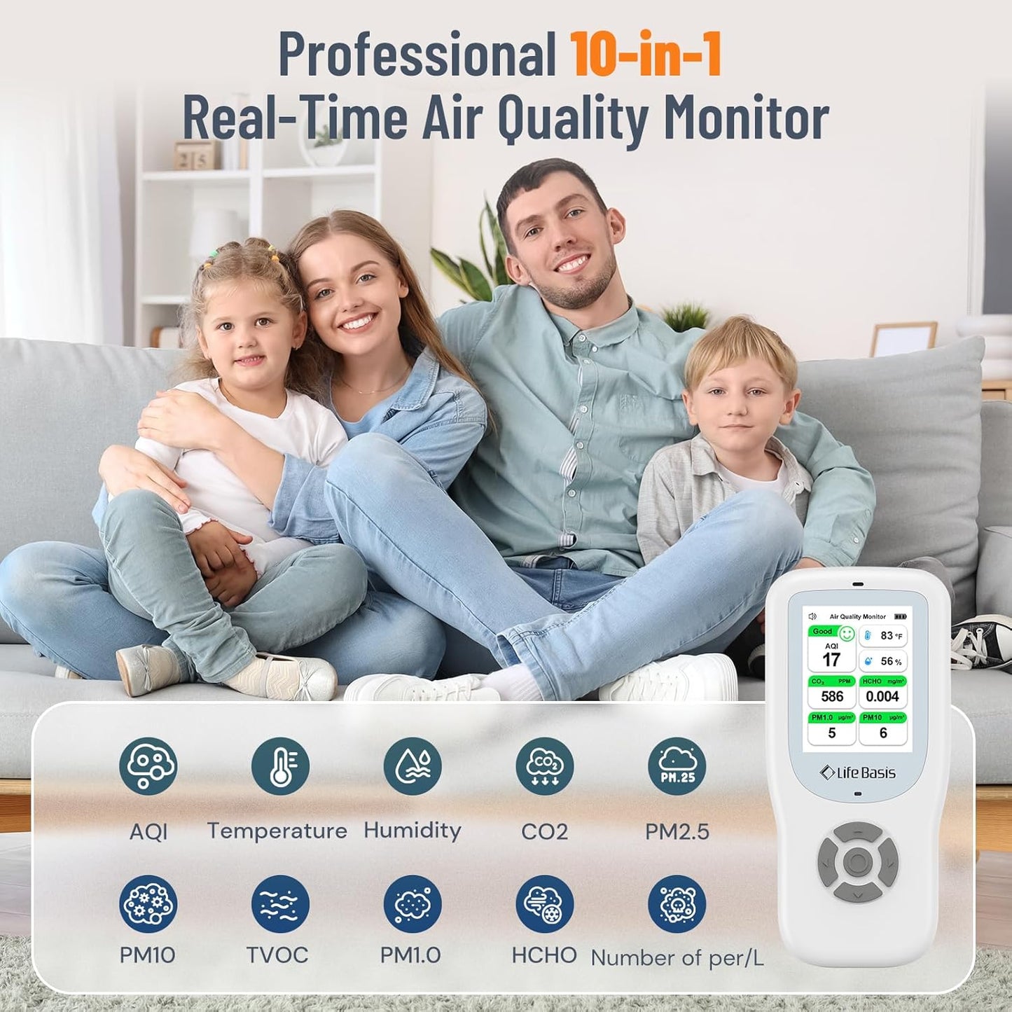 LifeBasis 10-in-1 luchtkwaliteitsdetector, formaldehyde-detector, AQI-vervuilingsmonitor met temperatuur en luchtvochtigheid voor het testen van PM2.5/PM10/HCHO/TVOC/CO2, USB-oplaadbaar, voor thuis en