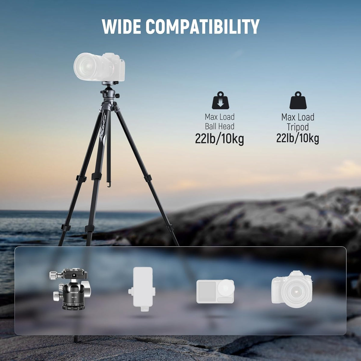 NEEWER LITETRIP LT07 Aluminium reisstatief voor camera, Pan Tilt Laag Profiel, Kogelhoofd, Arca QR-plaat, compatibel met Peak Design statiefplaat V3, dubbele as, telefoonhouder, max belasting 10 kg