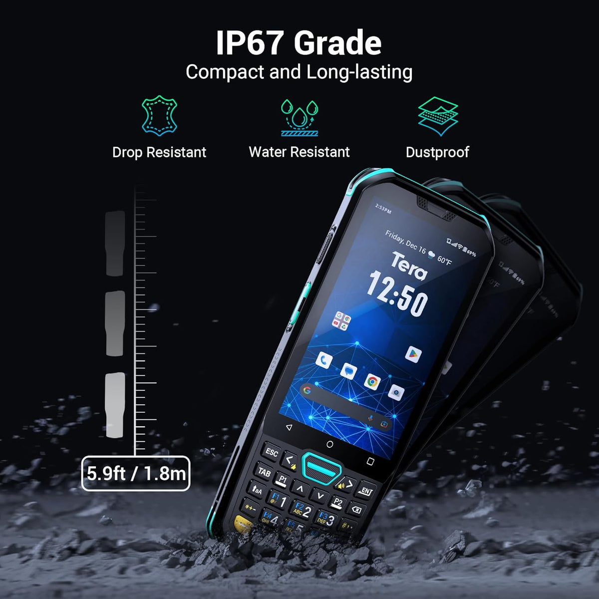 Tera Android 11 barcodescanner met 26 toetsen, HS7-scanmotor, IP67, robuust, 4 + 64 GB, 5100 mAh accu, QC 3.0, snel opladen, 4 inch touchscreen, mobiele terminal voor voorraadscanner, model P400