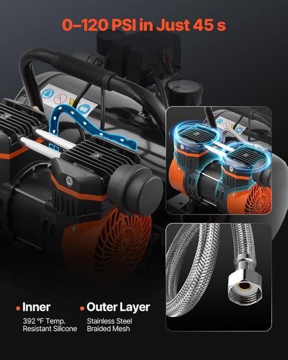 VEVOR Luchtcompressor, 8 l ketel, olievrije persluchtcompressor 860 W, 2,5 CFM, max. 120 PSI druk, 81 dB ultralichte compressor, fluistercompressor voor autoreparatie, bandenvulling, spuitlak