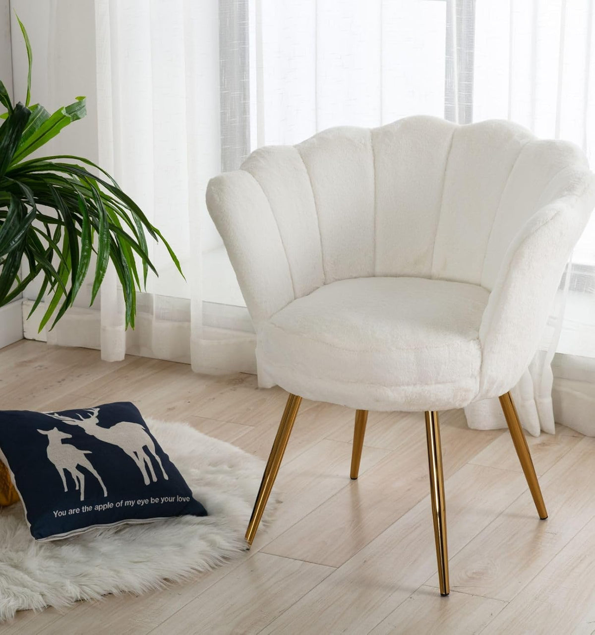 chairus Makeup Table Chair, Teddy Fabric Shell Chair, Armrest Chair, Gold Legs Lounge Chair, Armrest Chair for Living Room, White