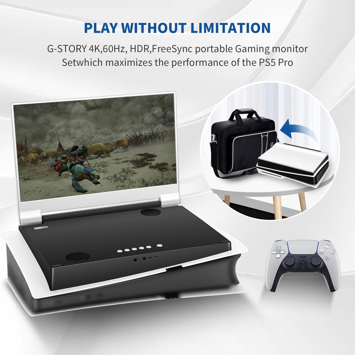 G-STORY Portable monitor for games 14 inch IPS 4K 60Hz with integration for PS5 Pro (PS5 Pro not included) 3840 × 2160 with 2 HDMI ports, FreeSync, 2 integrated stereo multimedia speakers - QUORE