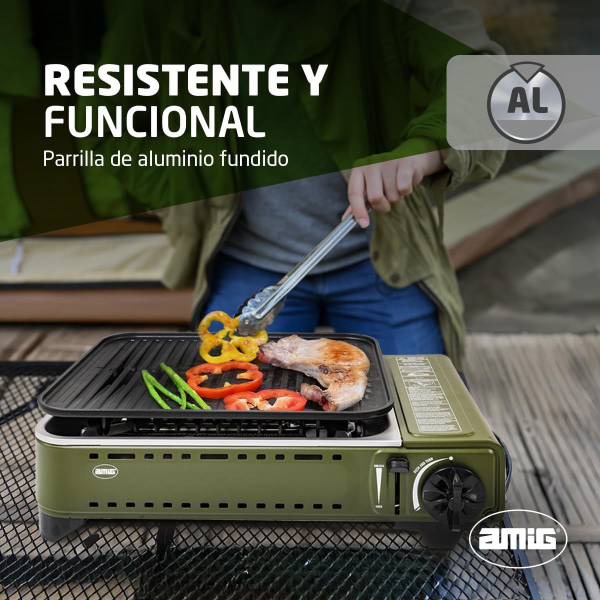 Amig - Camping gas - Portable stove - Grill - Cast aluminium grill - With grease tray made of stainless steel - Power: 1.8 kW - Suitable for B-250 gas cartridges - QUORE