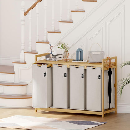 AdealDream Wasmand met bamboeframe 200L 4 vakken uittrekbare en afneembare waszak wasverzamelaar laundry baskets bamboe lichtgrijs-06-19