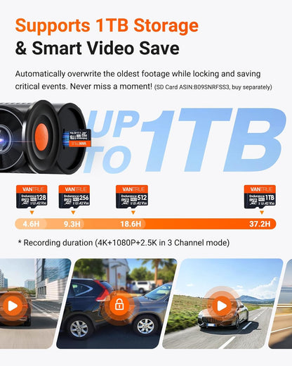 VANTRUE Starvis 2 N4 Pro S 4K dashcam voor de auto, 3-kanaals 4K + 1080P + 1440P met GPS, parkeerbewaking 24 uur, spraakbediening, IR-nachtzicht, LTE