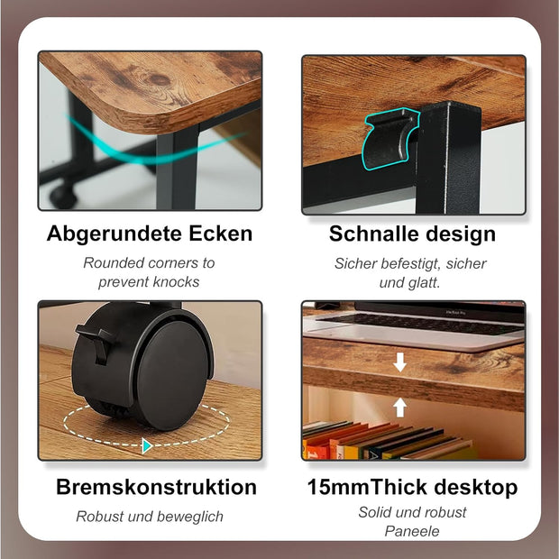 Computertafel - Computerbureau - Laptoptafel - Inklapbaar Kleine Tafel - Werktafel - Bijzettafel - met Wieltjes - Opvouwbare - IndustriëLe Stijl - voor - Thuis - Kantoor - 80 x 58 x 79 cm - Vintage Koffie