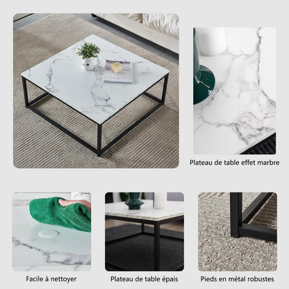 MEUBLE COSY Koffietafels met imitatie marmer-look, moderne vierkante woonkamertafel, met stalen frame, bijzettafel, metaal, zwart, 80x80x34cm