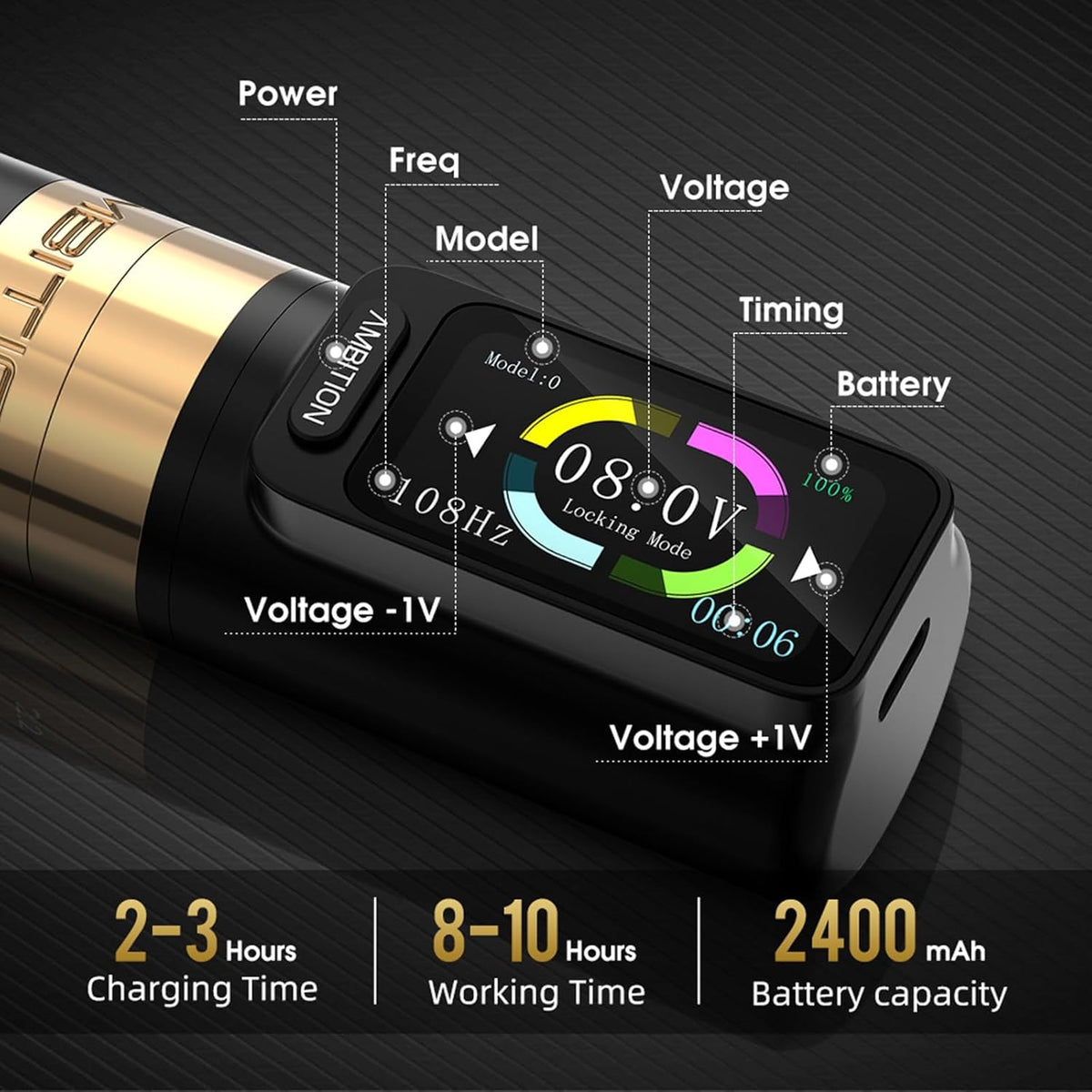 Ambition Zetton Draadloze tattoo-machine met extra batterij van 2400 mAh, borstelloze motor, rechte aandrijfbalk, kleurenaanraakscherm, roterende tattoo-pistoolcartridge-pen