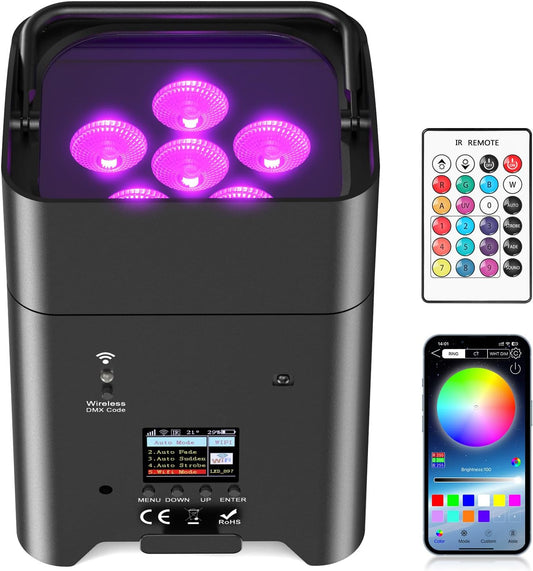 Par led-accu, 108 W, 6-in-1 RGBWA + UV podiumlicht met 9600 mAh, app-bediening, led-spot, accu met DMX en afstandsbediening voor party, club, bar, Halloween, Kerstmis
