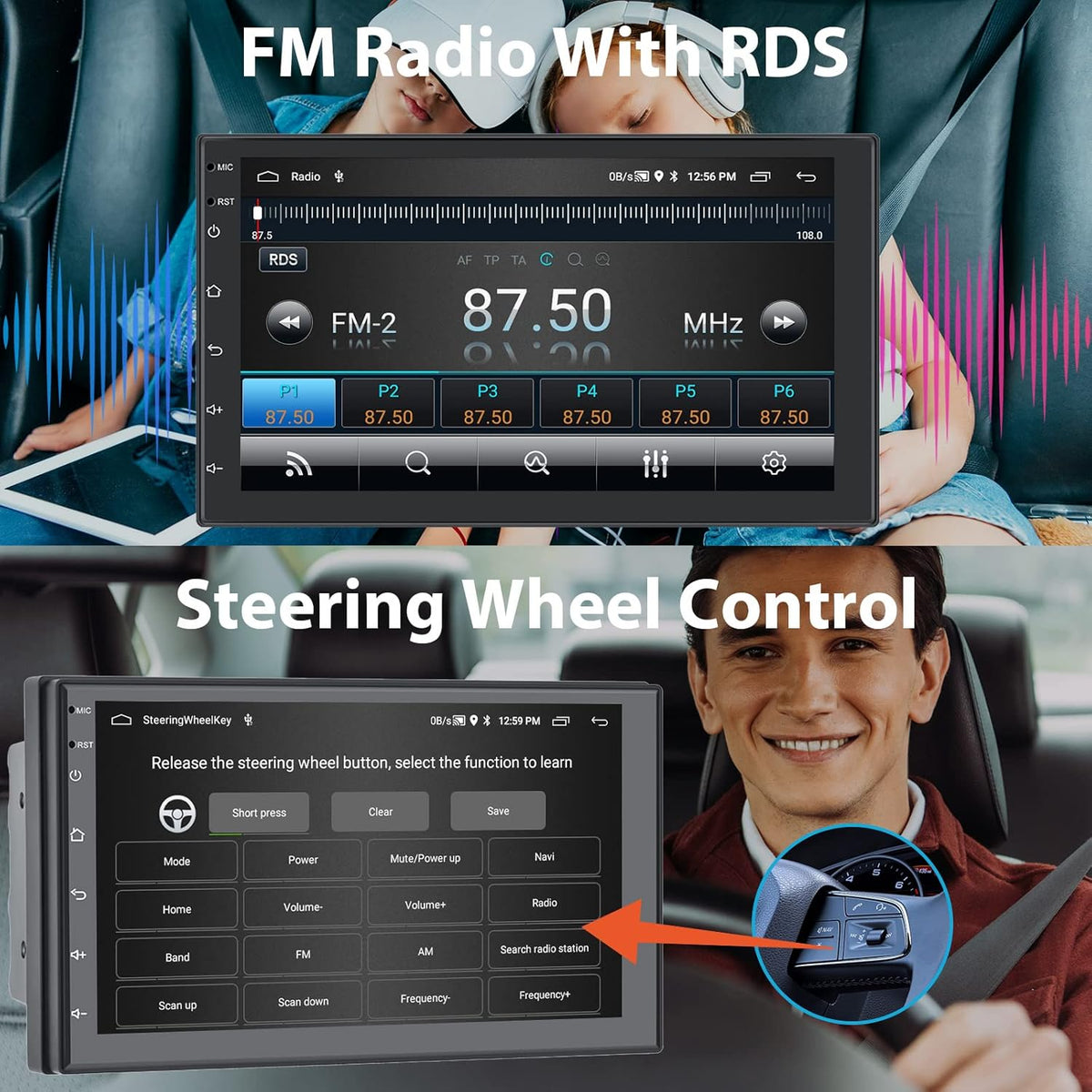 Hodozzy 2 GB+64 GB autoradio 2 DIN GPS Android Wireless Carplay, 7 inch 1080p touchscreen HiFi FM/RDS WiFi navigatie AHD-camera